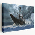 Large art print of a vintage ship, rendered in muted blue and gray tones on stretched canvas.