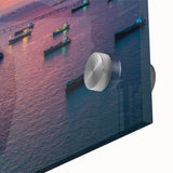 Acrylic print of a large abstract depiction of boats in cool blue and gray tones, suitable for bedroom or dining room art.