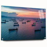 Acrylic print of a large abstract depiction of boats, using cool blue and gray tones, suitable for dining room decor.