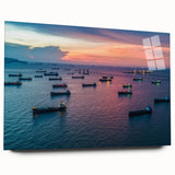 Large abstract wall art of a boat, in mid-century modernist style, on acrylic glass, suitable for dining room ambiance.