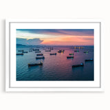 Extra large abstract art print of boats in vibrant blue and white hues on a framed canvas, ideal for living room decor.