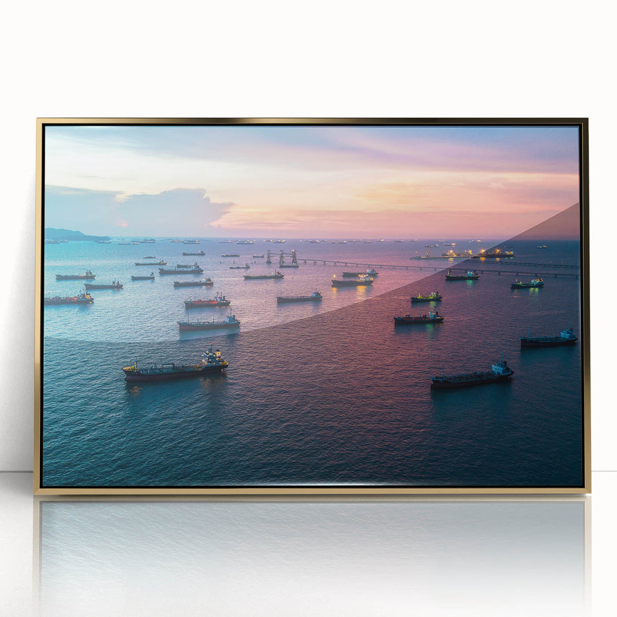 Mid-century modernist art deco poster depicting a vintage ship, with muted gold and blue tones on framed acrylic.