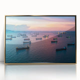 Mid-century modernist art deco poster depicting a vintage ship, with muted gold and blue tones on framed acrylic.