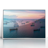 Mid-century modernist style large art print of a ship, in muted blue and white tones, framed in acrylic.