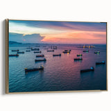 Framed canvas featuring a vintage poster of a ship, rendered in black with colorful accents, ideal for office decor.