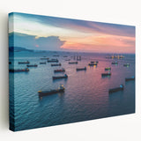 Large art print of a vintage ship on a stretched canvas with muted oceanic colors, ideal for kitchen wall art.