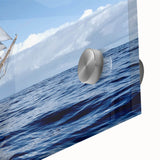 Large abstract wall art of a ship in muted blue and white tones on acrylic glass, suitable for bedroom or dining room decor.