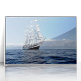 Acrylic print of a mid-century modernist ship in muted blue and white tones, ideal for modern art wall decor.