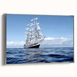 Vintage poster art of a large ship on black canvas, with colorful accents, in a silver frame, ideal for living room decor.