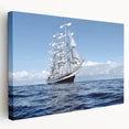 Large art of a vintage ship on stretched canvas, using muted blue and white tones, ideal for kitchen wall decor.