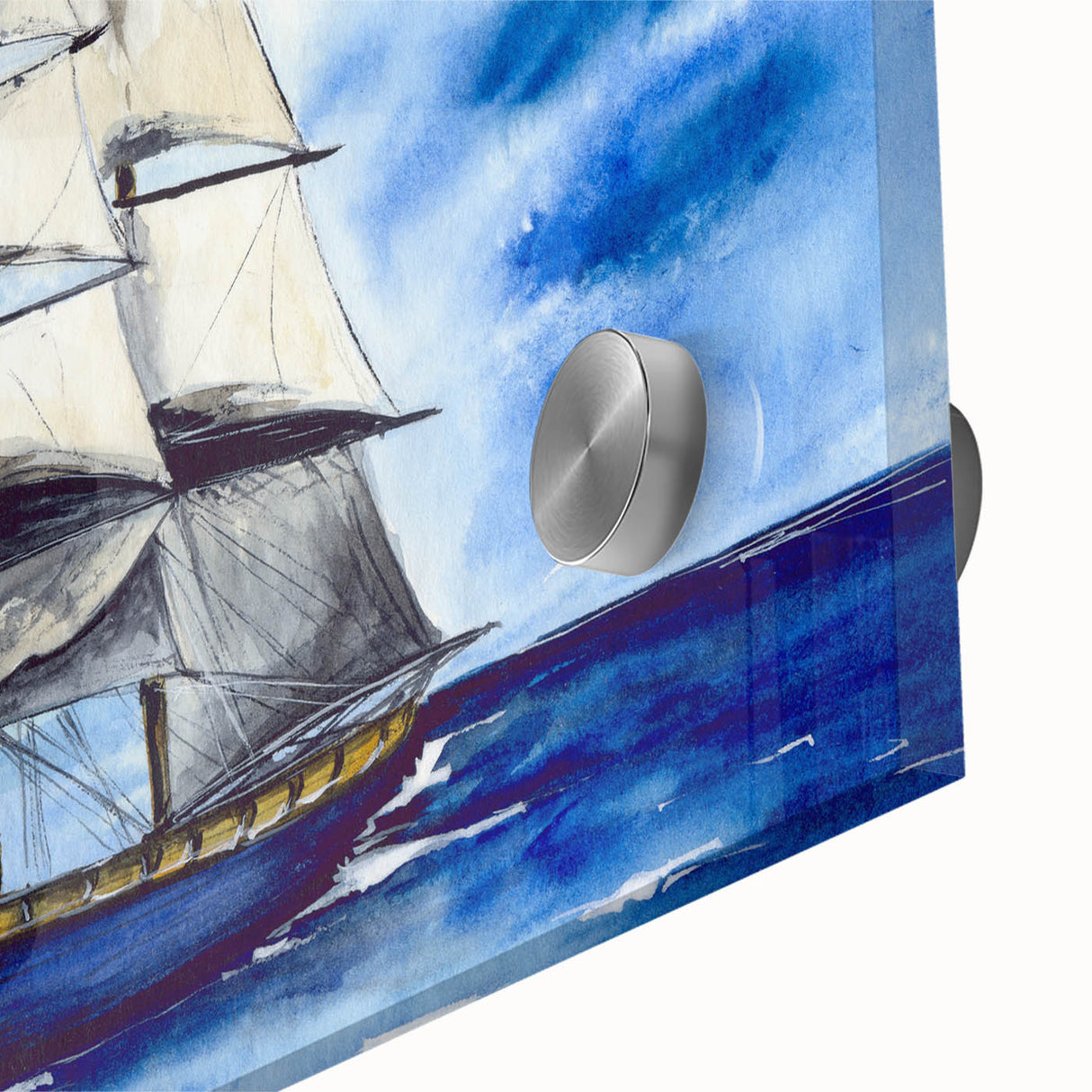 Large abstract wall art of a ship in muted blue and gray tones on acrylic glass, ideal for bedroom or dining room decor.