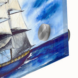 Large abstract wall art of a ship in muted blue and gray tones on acrylic glass, ideal for bedroom or dining room decor.