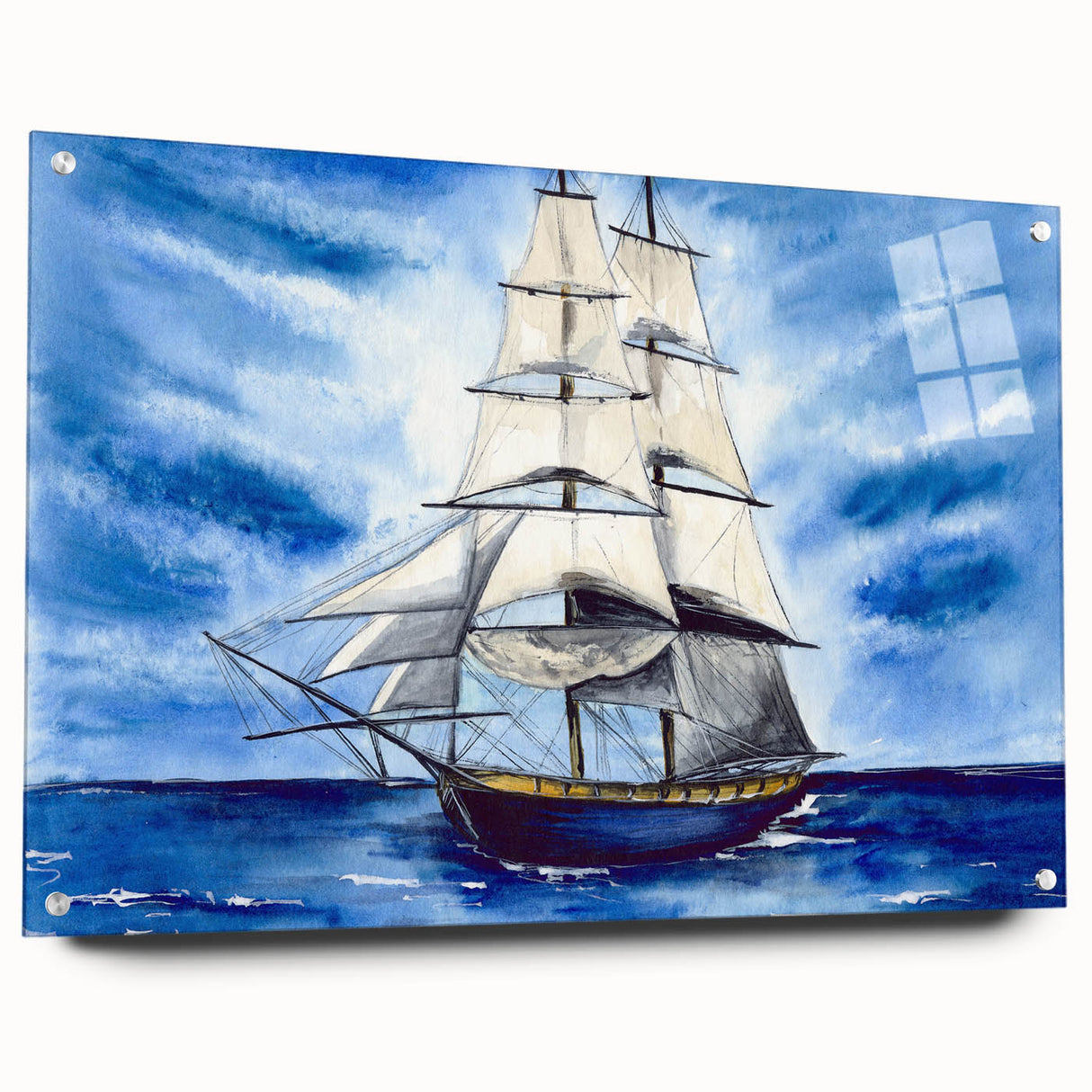 Acrylic print of a large abstract depiction of ships in muted blue tones, suitable for dining room or bedroom decor.