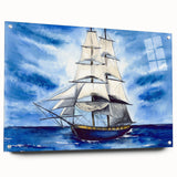 Acrylic print of a large abstract depiction of ships in muted blue tones, suitable for dining room or bedroom decor.