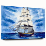 Large abstract wall art of a ship in mid-century modernist style on acrylic, featuring blue and gray tones.