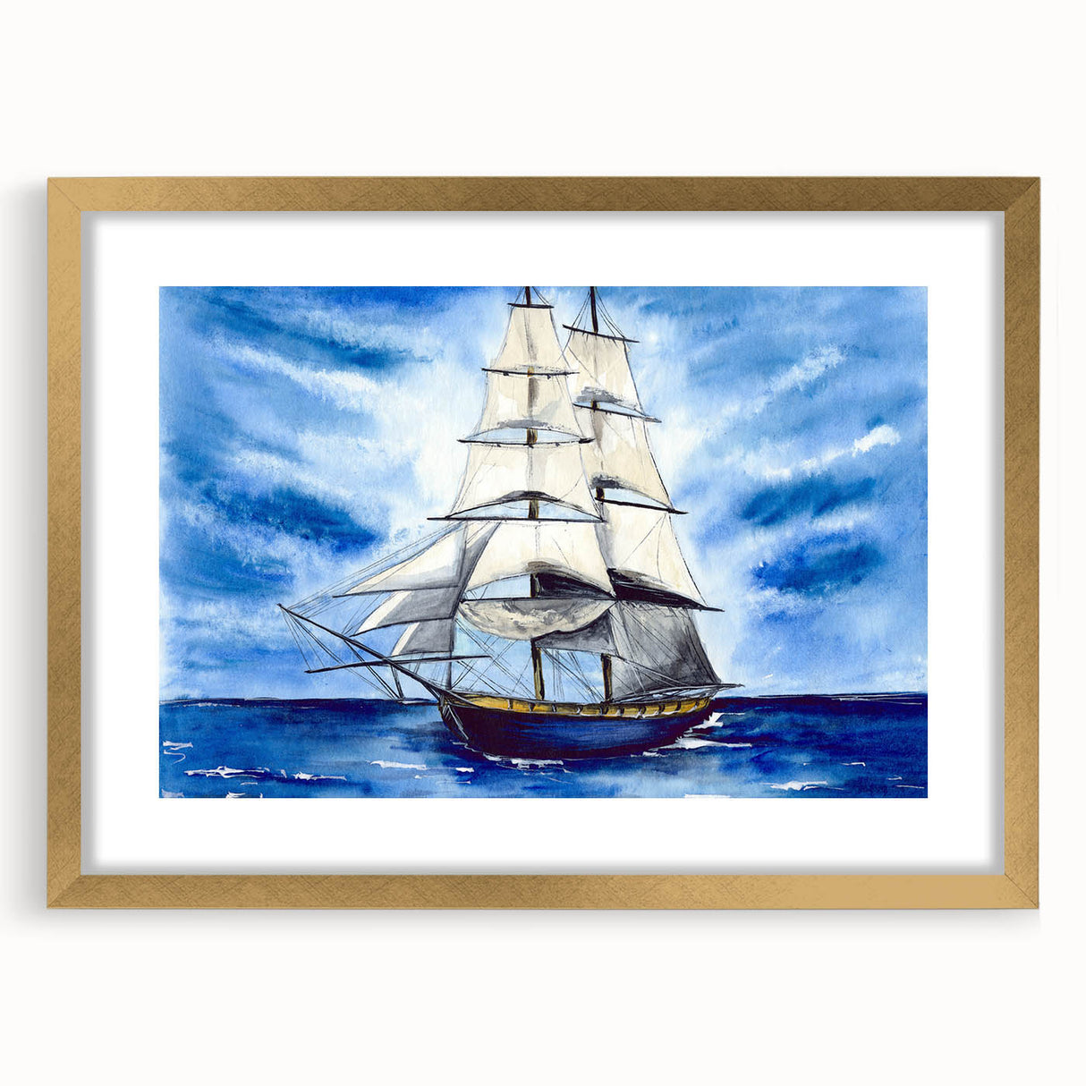 Textured abstract art print of a stylized ship in gold and blue tones, framed with a matte gold finish.