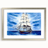 Abstract art print of a stylized ship in muted blue and gray tones on a framed canvas, suitable for dining room decor.