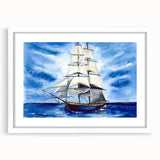 Extra large abstract art print of a ship, in textured blue and white hues, framed with a white mat.