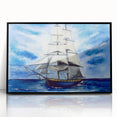 Large abstract wall art of a stylized ship in muted blue tones on framed acrylic, fitting for modern art wall decor.