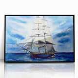 Large abstract wall art of a stylized ship in muted blue tones on framed acrylic, fitting for modern art wall decor.