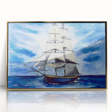 Mid-century modernist art deco poster of a ship, in muted blue and gold tones, framed in acrylic.
