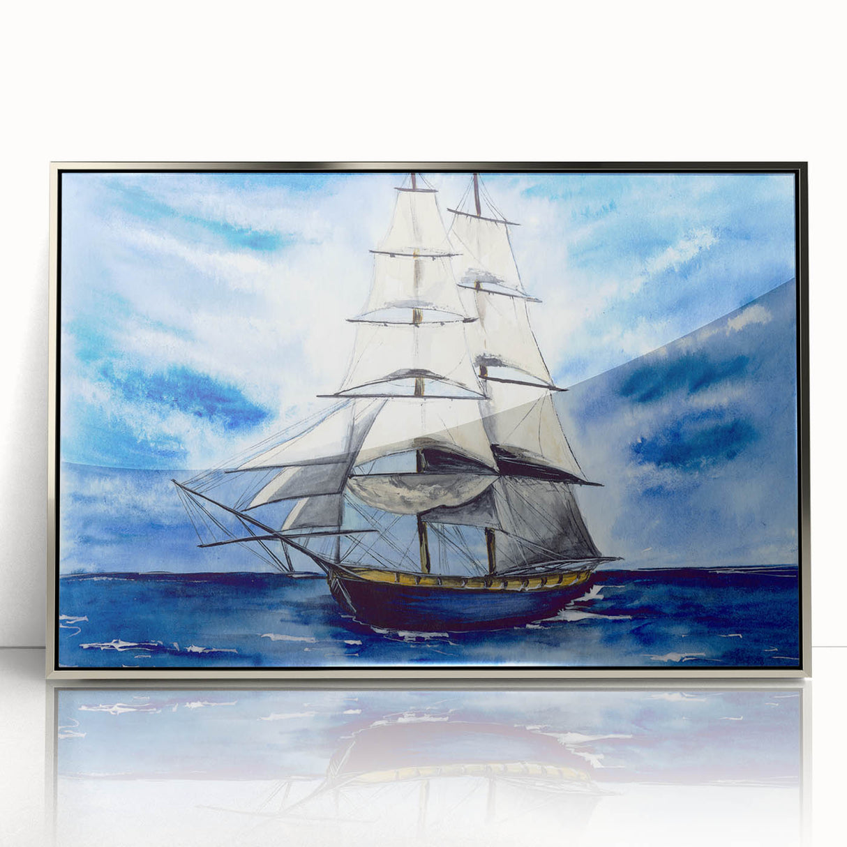 Framed acrylic print of a vintage ship in art deco style, featuring cool blue and silver tones.