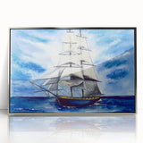 Framed acrylic print of a vintage ship in art deco style, featuring cool blue and silver tones.