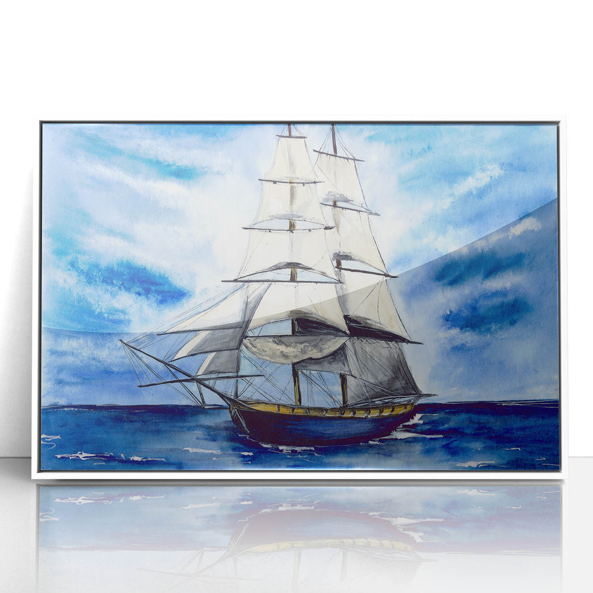 Framed acrylic print of a mid-century modernist style ship, using muted blue and white tones.