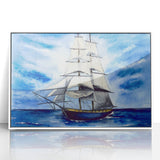 Framed acrylic print of a mid-century modernist style ship, using muted blue and white tones.