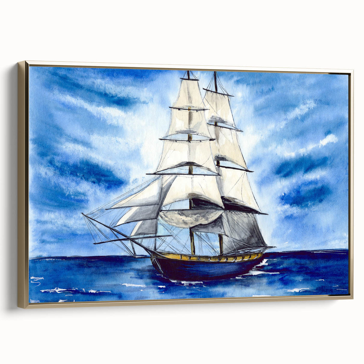 Framed canvas of a vintage ship in black with colorful accents, ideal for office wall decor.