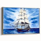 Framed canvas of a vintage ship in black with colorful accents, ideal for office wall decor.