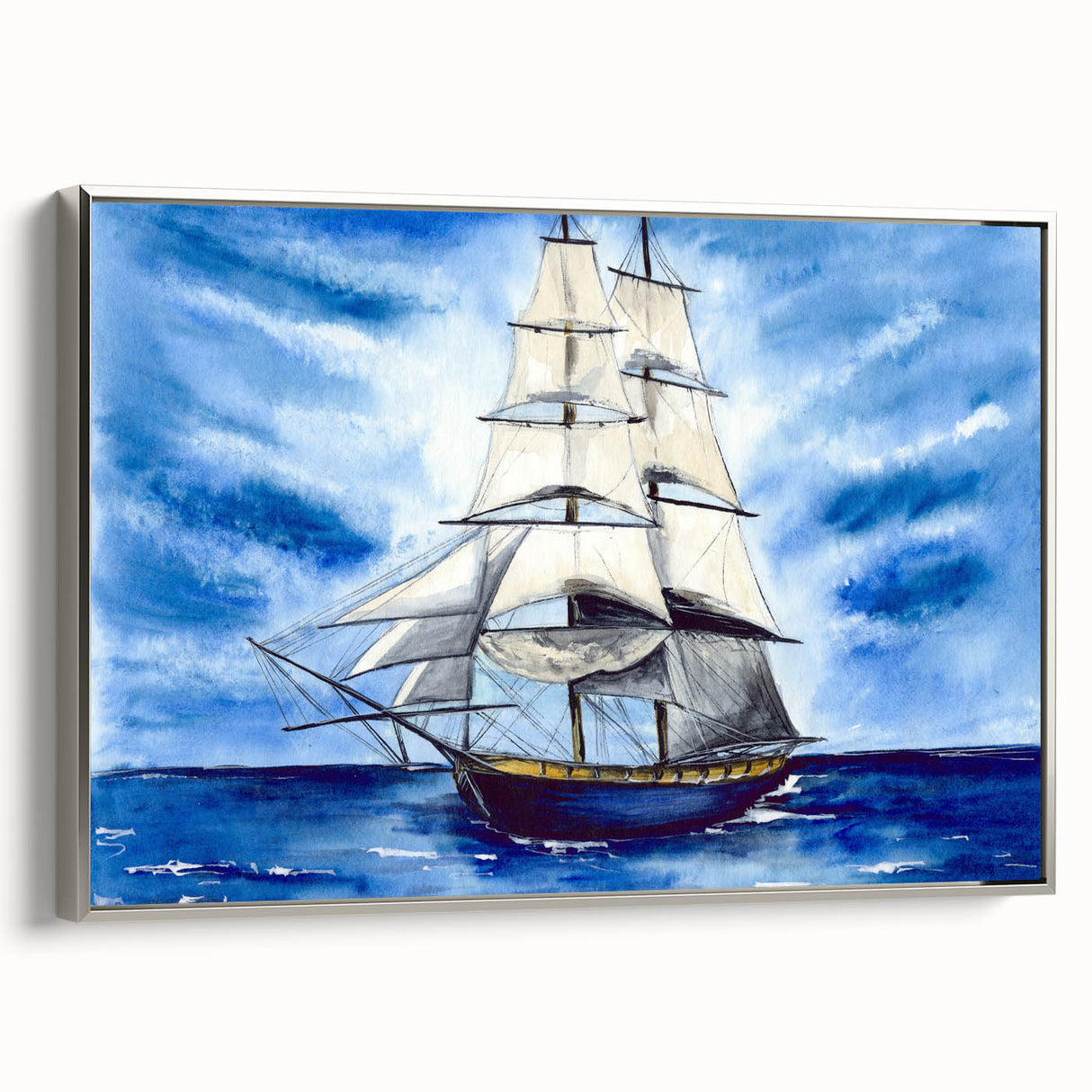 Vintage poster art of a ship in colorful tones on a black background, framed canvas, ideal for living room decor.