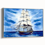 Vintage poster art of a ship in colorful tones on a black background, framed canvas, ideal for living room decor.