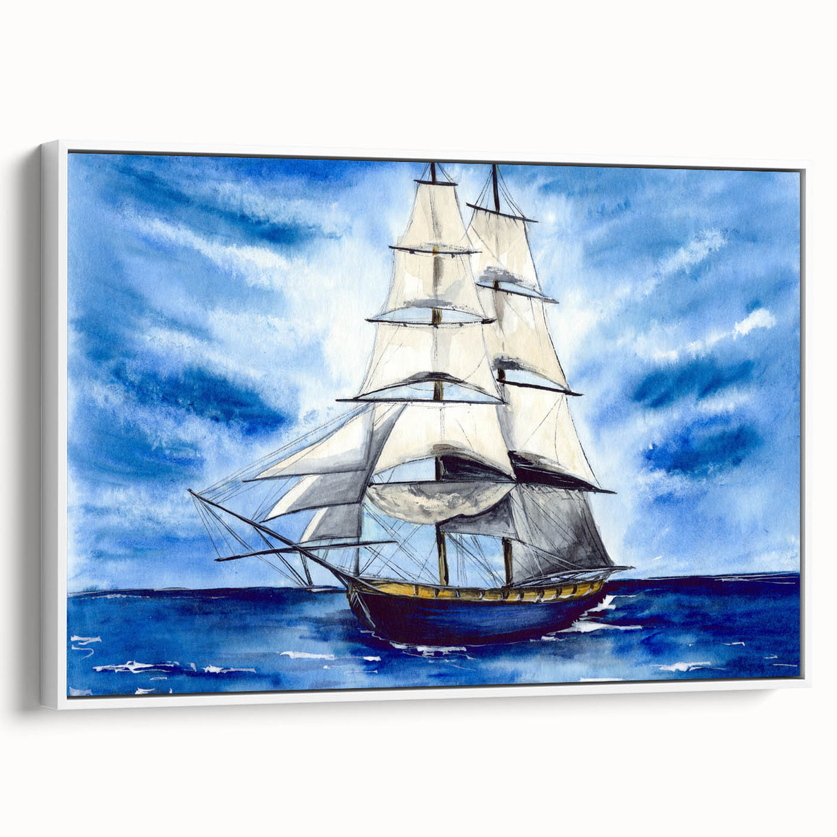 Framed canvas featuring a vintage black ship on a muted seascape, ideal for bedroom wall art.