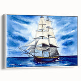 Framed canvas featuring a vintage black ship on a muted seascape, ideal for bedroom wall art.