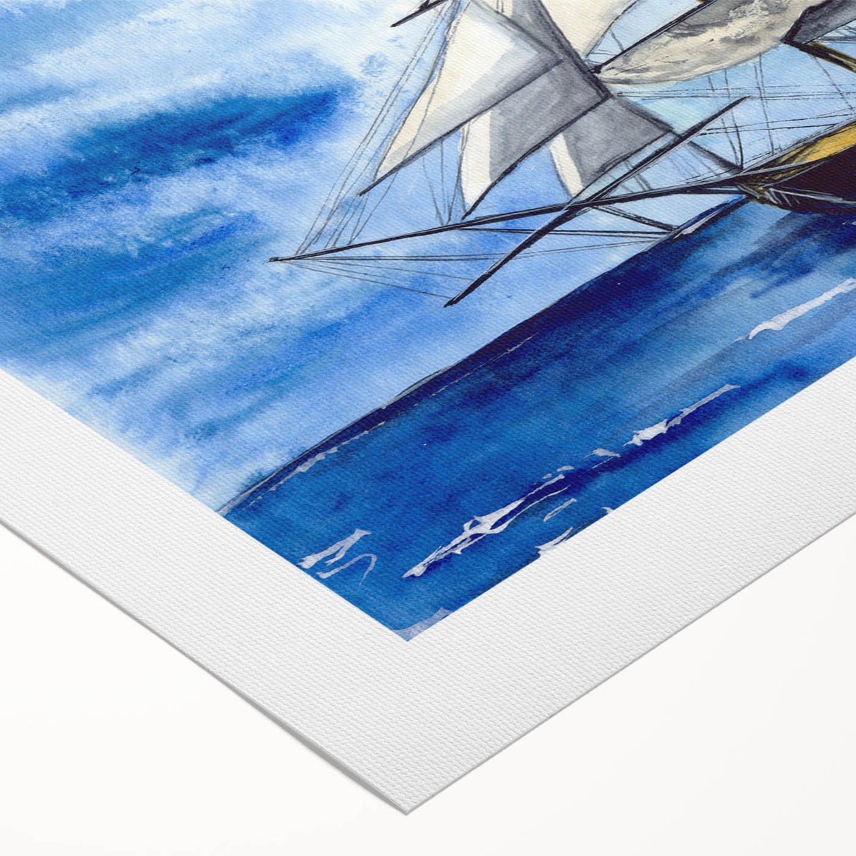 Extra large rolled canvas of a ship at sea in muted gray and blue tones, ideal for art wall dining room.