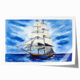 Art deco poster of a vintage ship in muted oceanic blues on a rolled print, suitable for dining room decor.