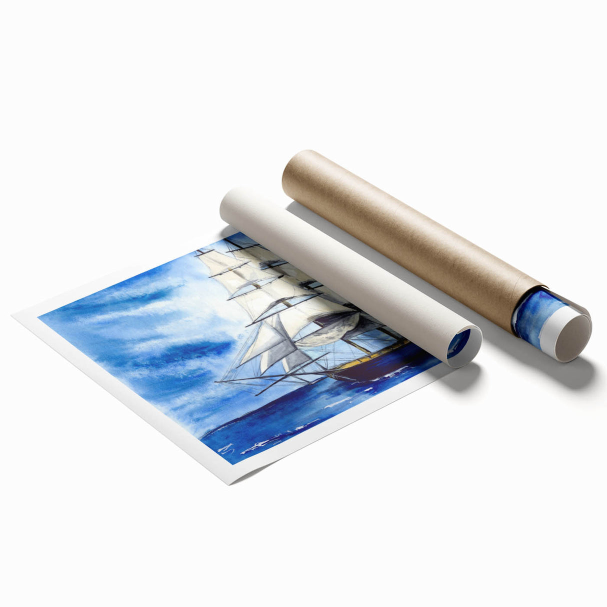 Extra large rolled print featuring a detailed ship illustration in muted blue and white tones.