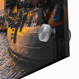 Large abstract wall art of a ship in muted blue and gray tones on acrylic glass, suitable for bedroom or dining room decor.