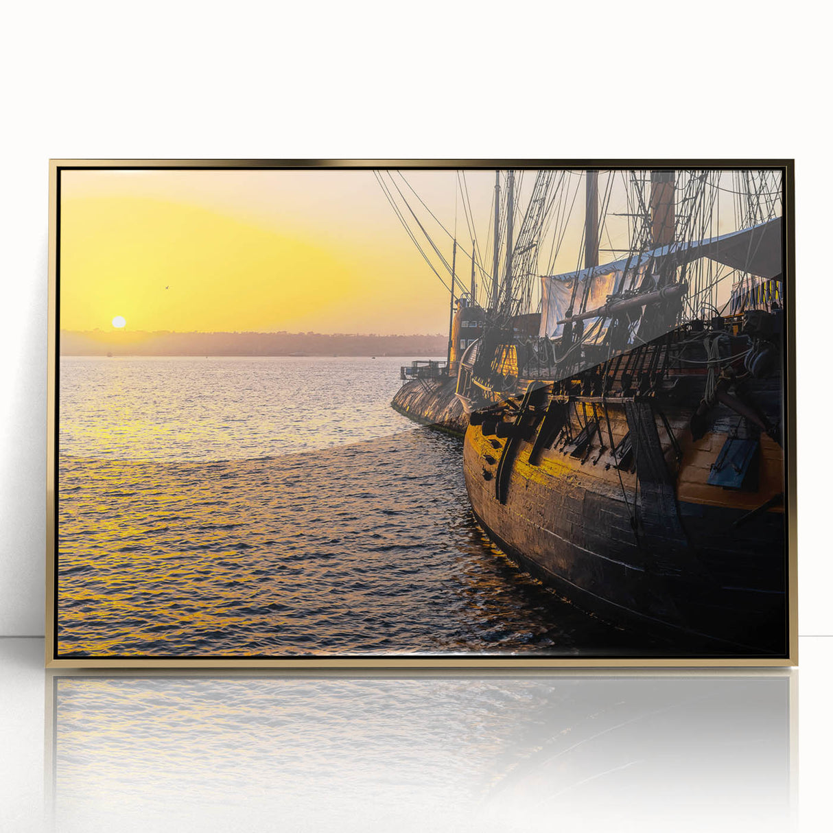 Mid-century modernist style ship illustration in gold and navy hues, acrylic print, ideal for nursery wall art.