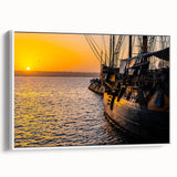 Framed canvas of a vintage black and white ship, ideal for bedroom wall art with a classic maritime theme.
