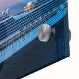 Large abstract wall art of a ship in muted blue and gray on acrylic glass, ideal for bedroom or dining room decor.