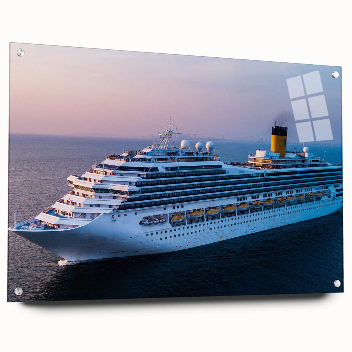 Acrylic print of a large abstract depiction of ships in cool blue and gray tones, suitable for bedroom or dining room decor.