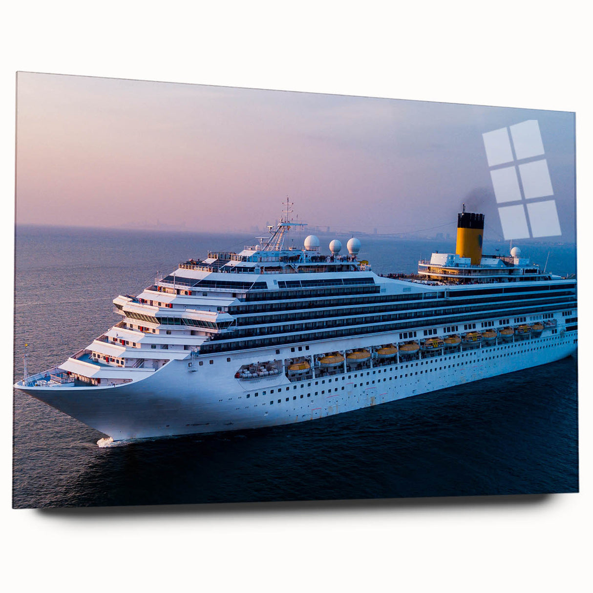 Large abstract wall art of a ship in muted blue and gray tones on acrylic glass, suitable for dining room ambiance.