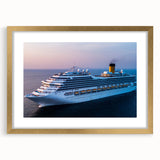 Textured abstract art print of a ship in muted blue tones on a gold-framed canvas, ideal for bedroom art.