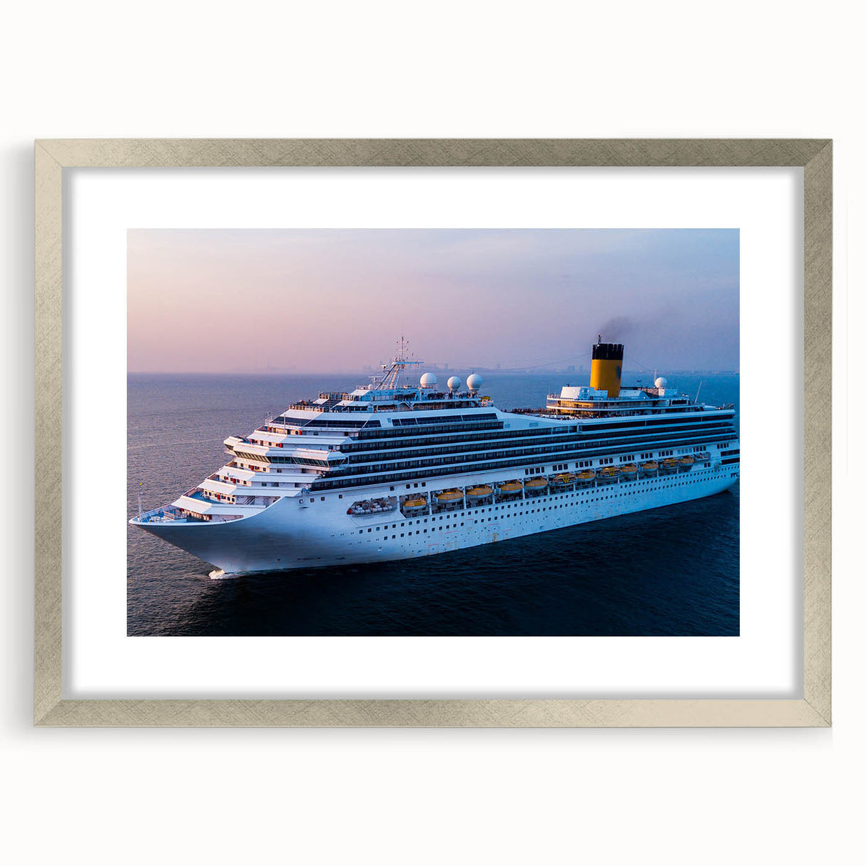 Abstract art print of a stylized ship in cool blue and gray tones on a framed silver mat, suitable for dining room decor.