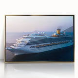 Mid-century modernist art of a ship, in muted blue and gray tones, acrylic print framed in gold.