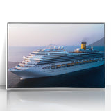 Mid-century modernist style large art print of a ship, in muted blue tones on a white acrylic frame.