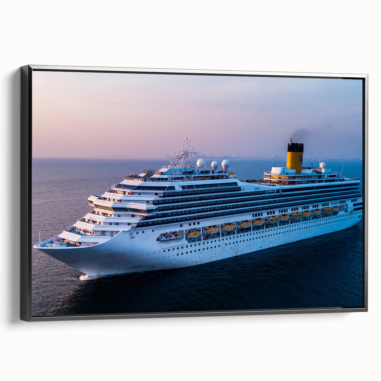 Black and white vintage poster art of a ship, framed canvas, ideal for bedroom wall decor.
