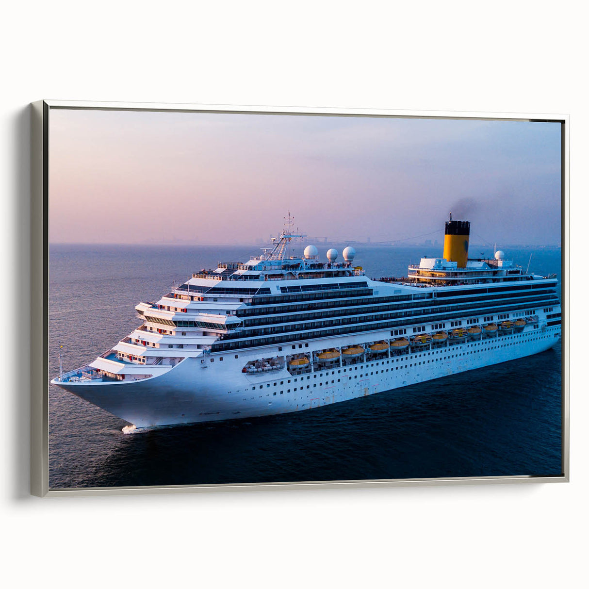 Vintage poster art of a ship on black background with colorful accents on extra large framed canvas, ideal for living room.